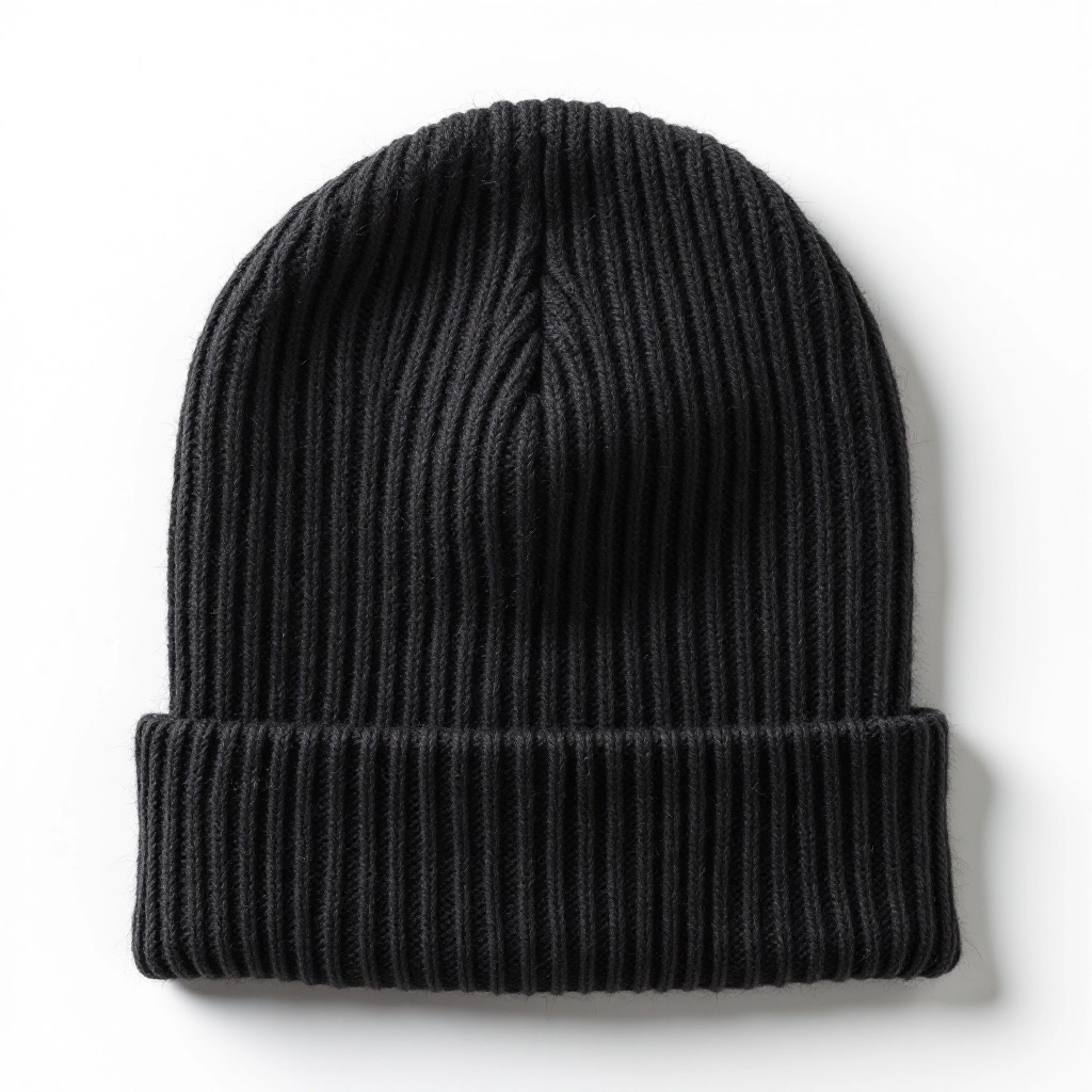 Charcoal grey merino wool beanie with ribbed texture shown on wooden surface