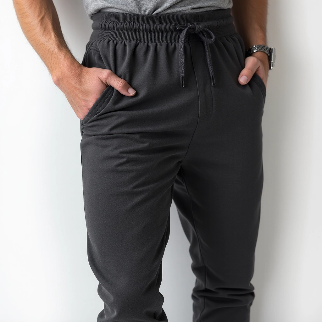Close-up detail of charcoal joggers showing fabric texture and tapered ankle cuff design with stitching detail