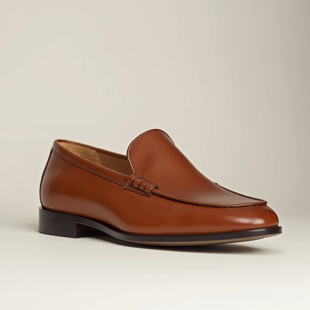 Cognac loafer positioned to show the reinforced heel counter, sole construction, and interior unlined leather