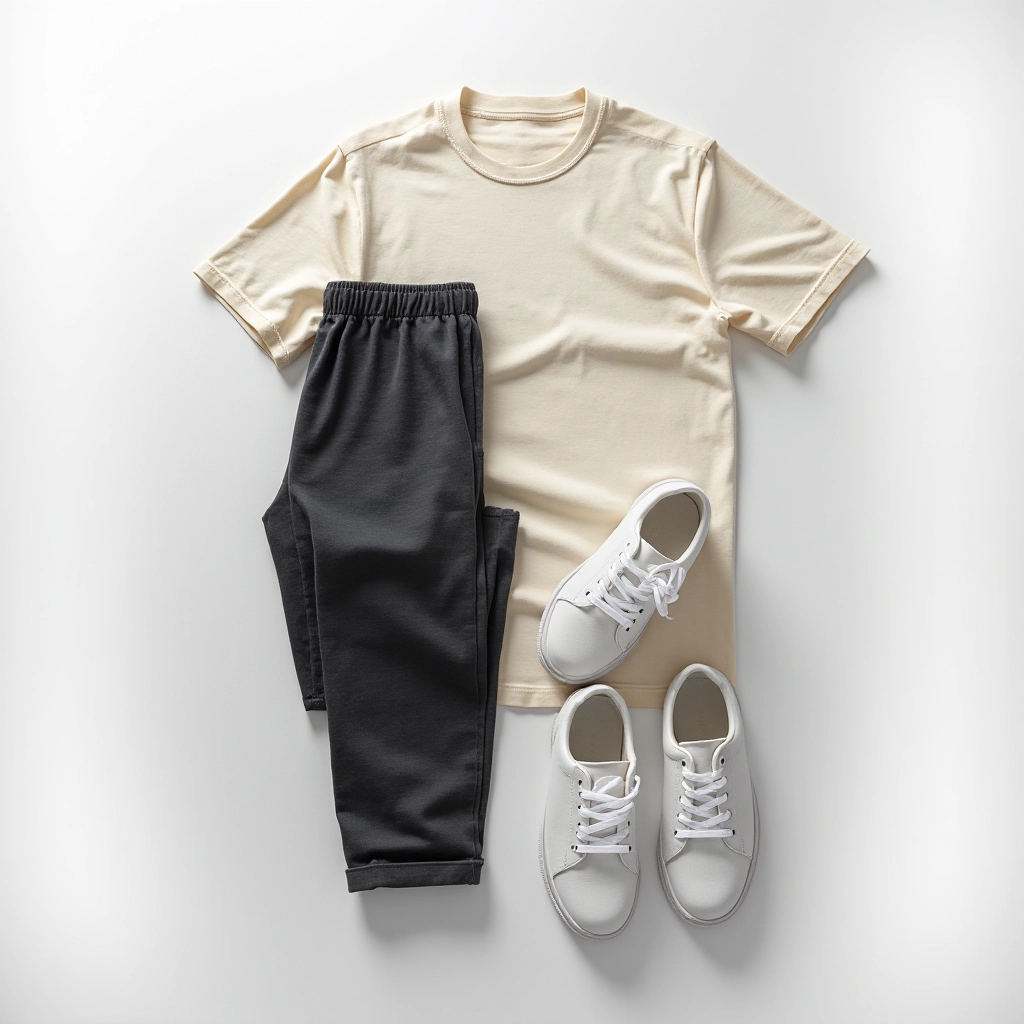 Styled flat lay showing charcoal joggers paired with cream crew neck tee and white sneakers on neutral background
